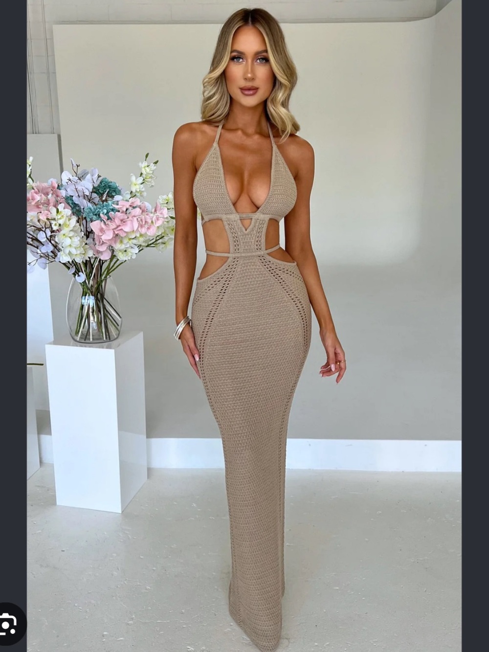 Babyboo Fashion Arabella Beige Crochet Halter Cutout Maxi Dress - Size Small
